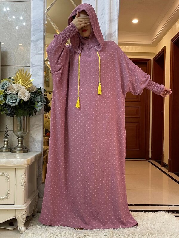 New Saudi Women Abayas Muslim Ramadan Prayer Clothing With Hooded Jalaba Solid Casual Batwing Sleeve Arab Oriental Robe Eid