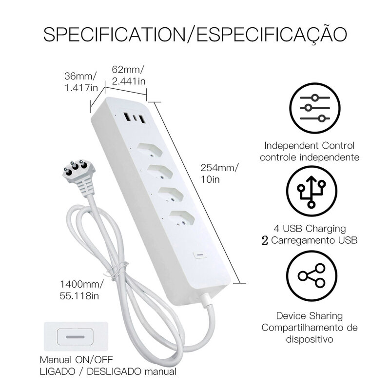Tira de Alimentación inteligente con WiFi para Brasil, Protector contra sobretensiones, enchufe BR, enchufe USB tipo C, aplicación Tuya, Control por voz por Alexa y Google