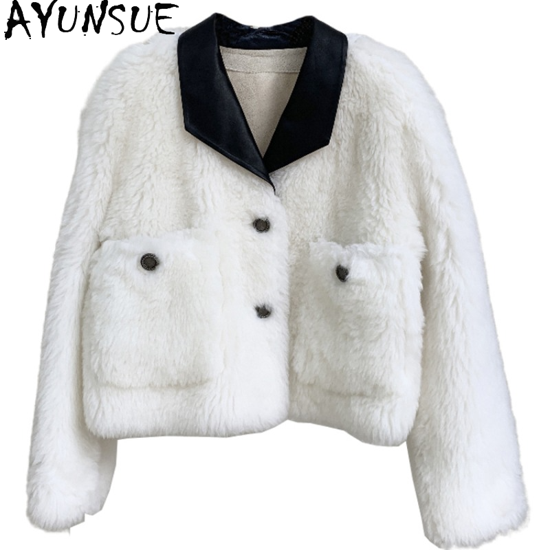 AYUNSUE-Veste courte en laine pour femme avec col en cuir, manteau de fourrure, mode coréenne, automne, hiver, 100%, 2023
