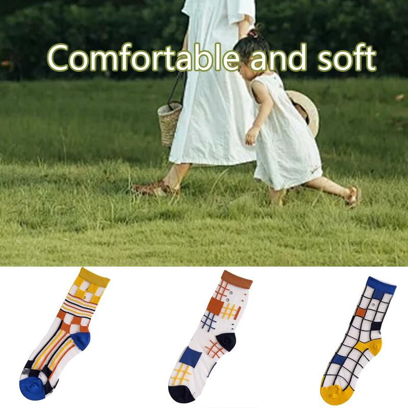 Calcetines coloridos de seda de cristal a cuadros para mujer, medias de tubo medio de nailon transparente ultrafinas, calcetines casuales a rayas, moda de verano, N9D3