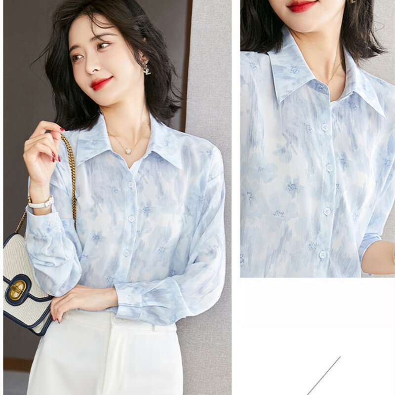 Camisa estampada de manga larga para mujer, blusa azul con cuello tipo Polo, botones, ropa básica OL, Primavera, 2022