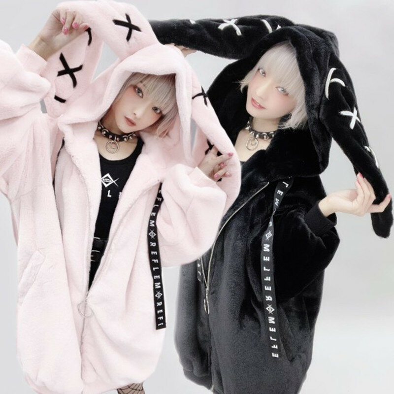 Mantel ungu bulu telinga kelinci Harajuku Jepang untuk wanita 2023 musim dingin wanita baru Punk gelap mantel mewah ritsleting panjang menengah Jalan