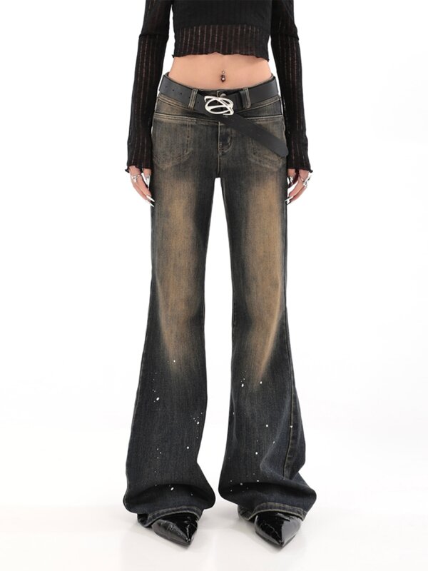Vintage Streetwear jins berkobar wanita, celana Denim pinggang tinggi Y2K Slim-fit cantik kualitas tinggi