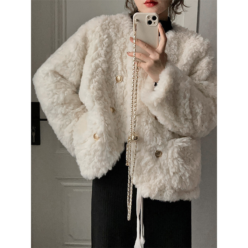 Jaket katun kasmir musim gugur wanita, mantel wanita putih Perancis bulu palsu elegan modis kasual longgar tebal hangat baru