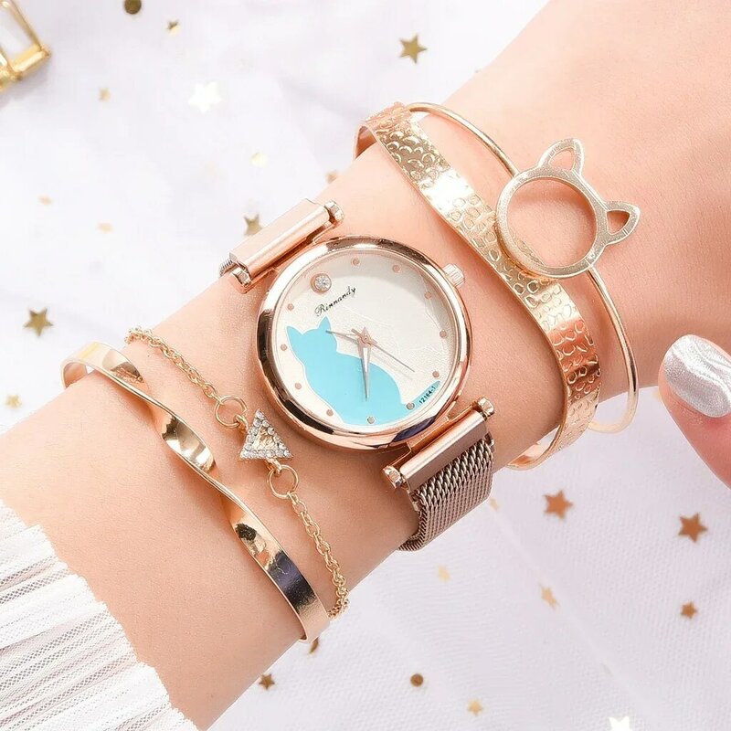 Montre-bracelet en or rose pour femme, motif de chat, aimant noir, montres-bracelets pour femme, horloge à quartz de luxe, ensemble de 5 pièces