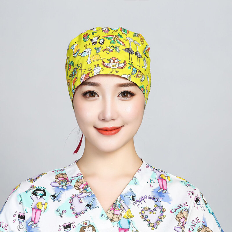 Topi Scrub untuk wanita, topi penutup rambut panjang katun motif kartun Anti kotor dapat disesuaikan untuk kerja kecantikan