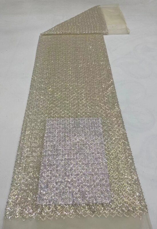 Tessuto di pizzo africano di moda 2024 tessuto di pizzo netto di paillettes nigeriane di lusso con perline francesi di alta qualità per abito da sposa
