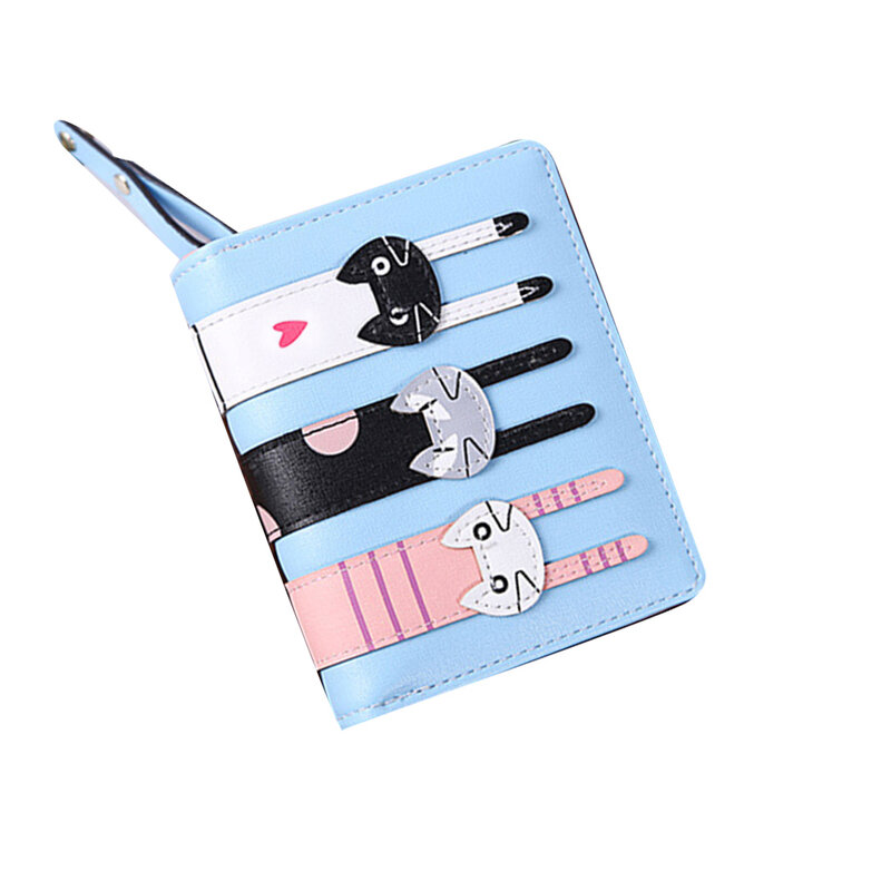 Monedero corto de cuero PU con Gato de dibujos animados para mujer, cartera pequeña con cremallera, tarjetero