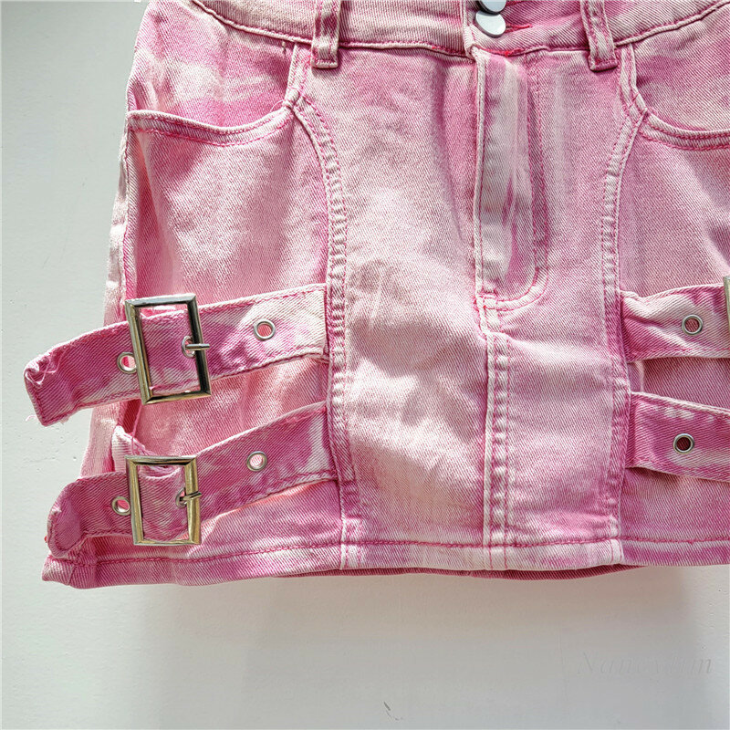 2024 Summer New Style Pink Hot Girl Ribbon Denim Skirt Women's High Waist Stretch Tooling Hip Skirts