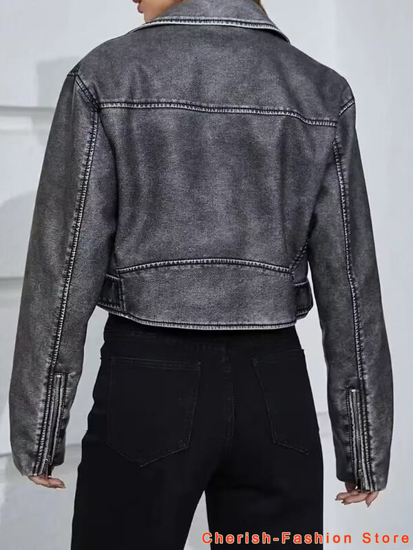 2023 New Autumn Women Vintage Bomber Washed PU giacche in ecopelle Ladies Gradient Zipper Motor Biker giacca in pelle grigia corta