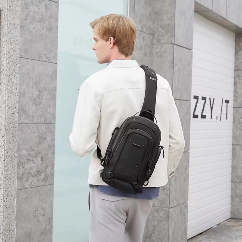 Ozuko กระเป๋าสะพายลำลองสำหรับผู้ชาย, กระเป๋าคาดอกพาดลำตัวสำหรับเดินทางกันน้ำกระเป๋าสะพายไหล่แบบลำลองมีเอกลักษณ์