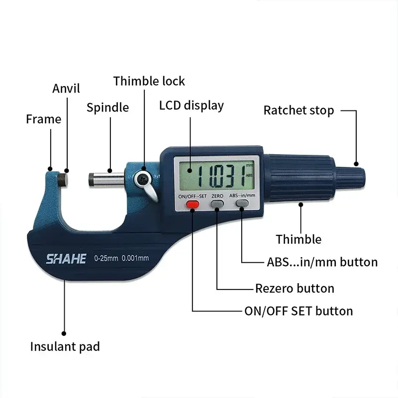 Shahe 0-0, 5-1, 5-25/25mm Mikron digital Außen mikrometer elektronisches Mikrometer Messgerät 50/50mm digitaler Werkzeugs attel
