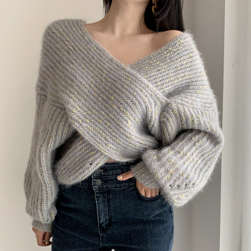 Cross V-Neck Asymmetrical Knitted Women Sweater Pullovers Autumn Winter Loose Elegant Solid Thicken Female Pulls Outwear  Tops
