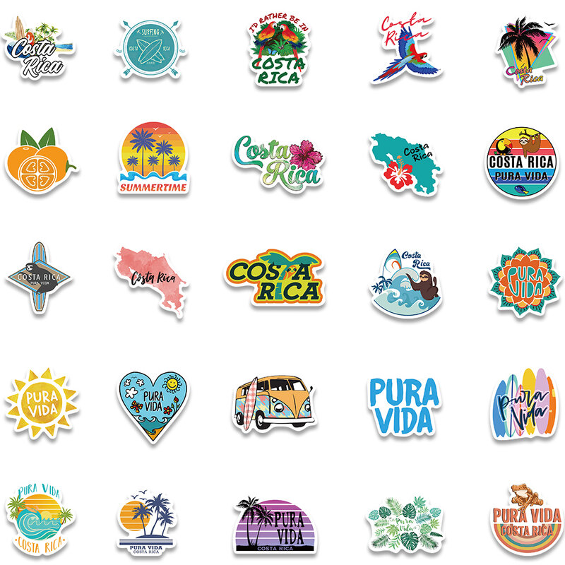 50 buah Costa tica perjalanan kota pemandangan Pura Vida mainan stiker alat tulis Skateboard Laptop gitar Pegatinas stiker decal