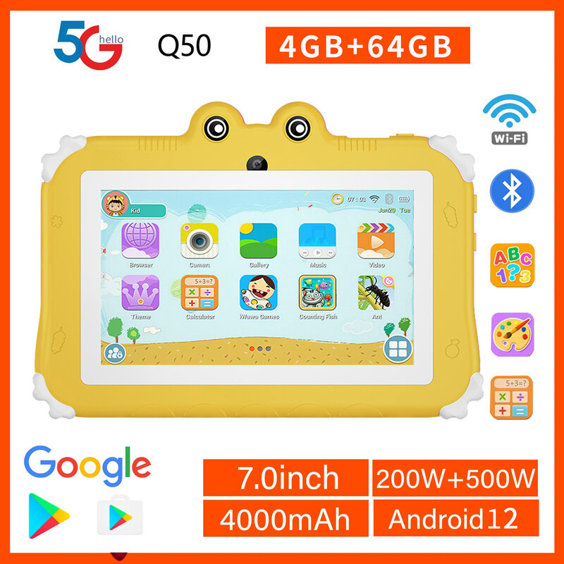 Tablet para crianças Mini Gaming, 4GB RAM, 64GB ROM, Android 12, Suporta Google Learning, Educação, 7.0 ", Novo, 2024