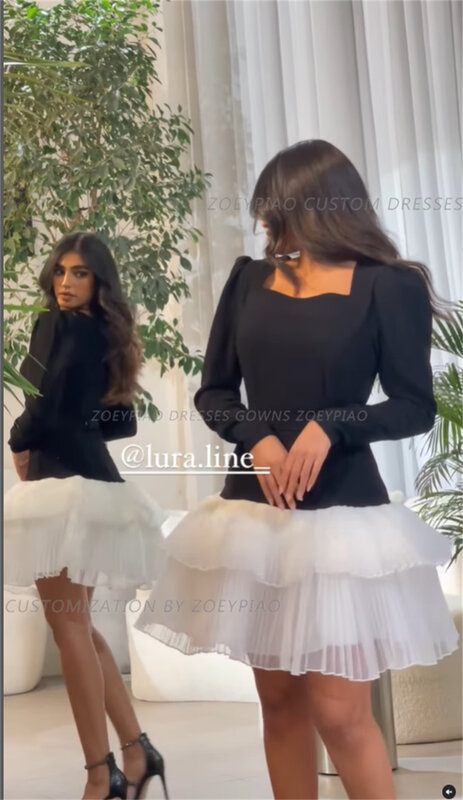 Gaun Prom berjenjang pendek hitam/putih gaun malam Formal sederhana Lengan penuh gaun pesta pernikahan Organza vestidos de gala