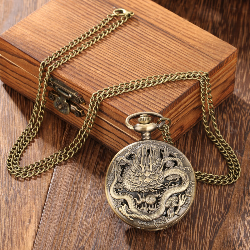 Montre de poche à quartz creuse Dragon antique, collier analogique unisexe, pendentif pull, cadeau pour la fête des pères
