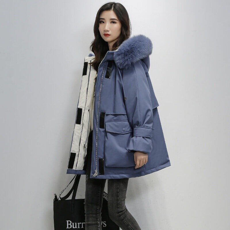 女性用の大きな毛皮のフード付きジャケット,コート,冬用の暖かいパーカー