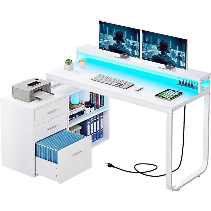 L Shaped Desk with Power Outlets & LED Lights & File Cabinet, 55" Corner Computer Desk with 3 Drawers and 2 Storage Shelves