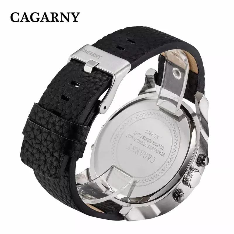 นาฬิกา Cagarny Mens Dual Display หนังสีดำควอตซ์นาฬิกาข้อมือผู้ชายกีฬาชายนาฬิกาตำรวจทหาร Relogio Masculino 6820