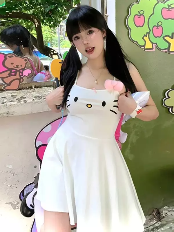 HOUZHOU vestido blanco Kawaii para mujer, Vestido corto japonés Y2k con bordado de cara de gato, tirantes finos, lazo de retazos, vestido de verano de Anime