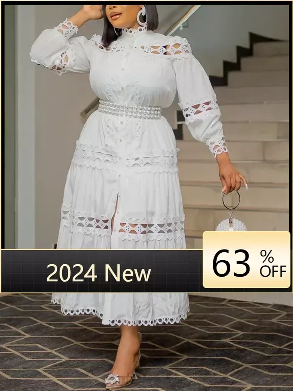 L-5XL-vestidos de talla grande para mujer, ropa de retazos sólidos, Vintage, abertura, Sexy, elegante, largo, verano, 2024