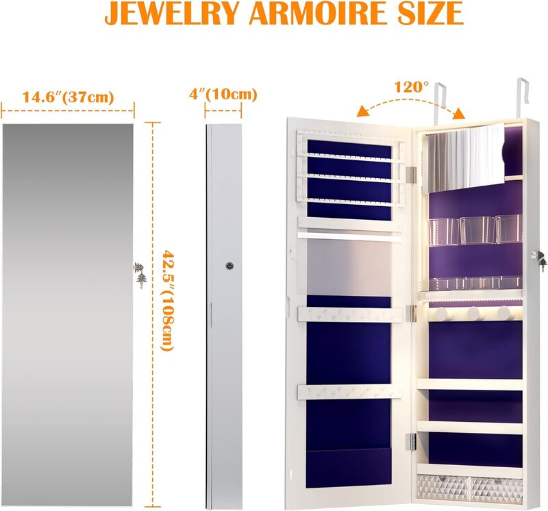 Vlsrka 3 LED Lights Jewelry Cabinet with Full-Length Mirror, Door Hanging/Wall Mounted Jewelry Armoire Organizer with Inner Make