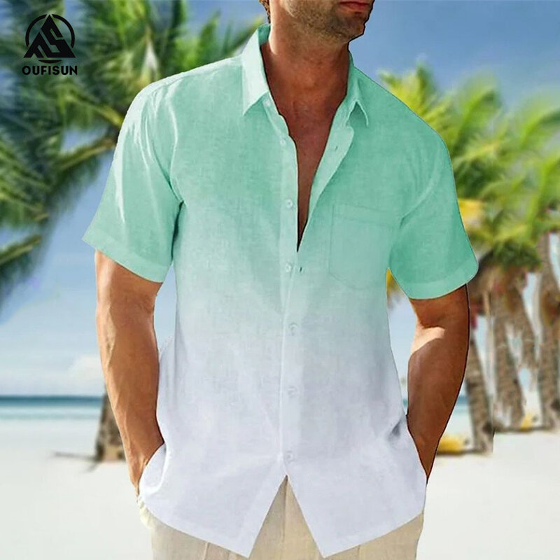 2024 Casual Men's Shirts Summer Clothing Gradient Graphics Apparel Vacation Seaside Oversized Short Sleeve Tops For Male Shirts