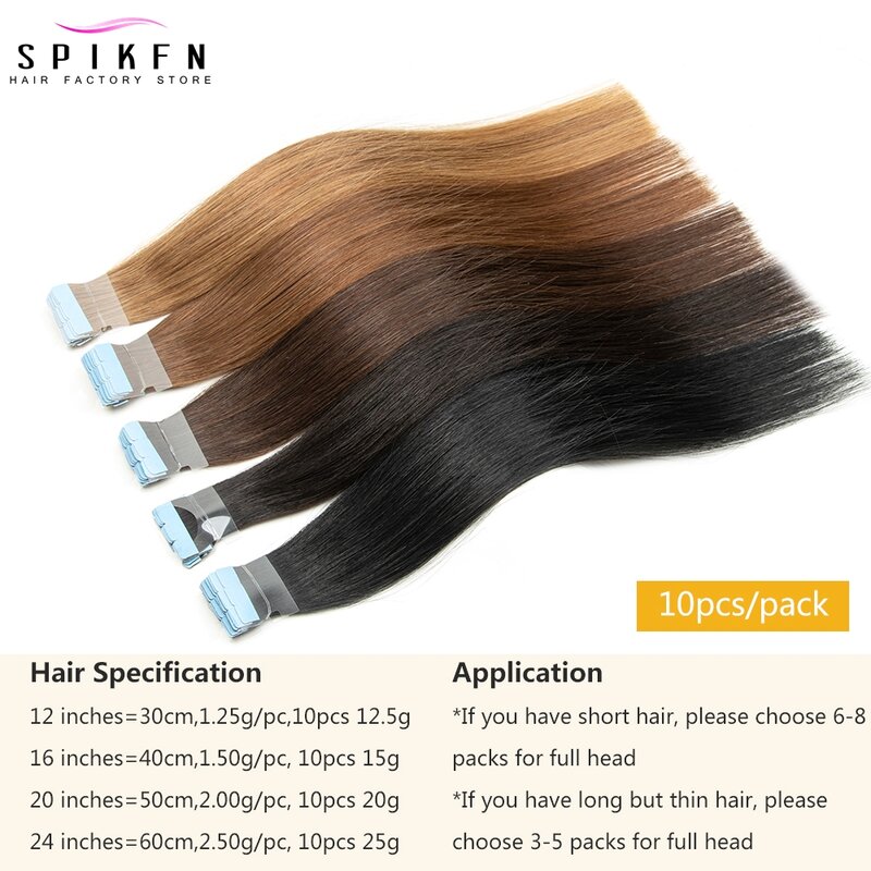 SPIKFN-شريط صغير مستقيم في وصلات الشعر ، لحمة جلد غير مرئية ، شعر بشري لاصق ، شعر طبيعي ، 12 في-24 بوصة ، 10