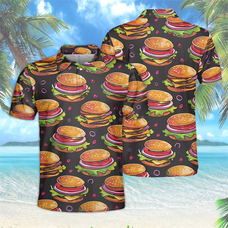 Amante de Hambúrguer Masculino Camisas Polo Harajuku Moda, Camisa Pólo Hamburguer Hip Hop Havaiana, Manga Curta, Y2K Camiseta Masculina