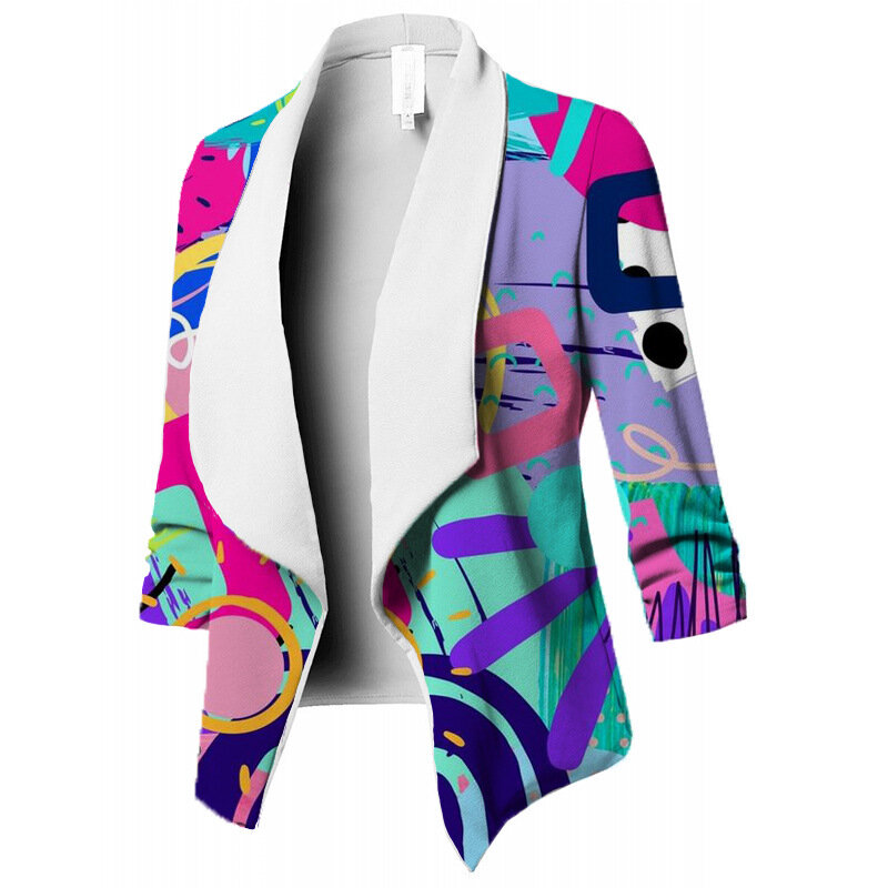 Women Casual Print Cardigan Ruched Asymmetrical Jacket Coat Slim Polyester Spandex Women's Blazers Office Commuter Suit Coat