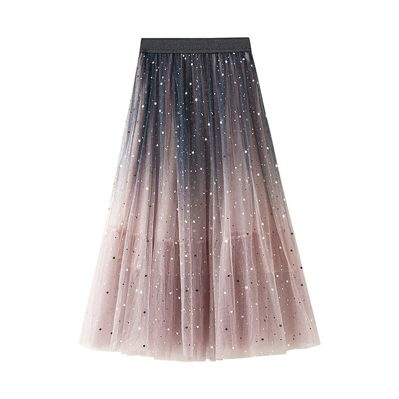 Farbverlauf Farbe lange Tüll Chiffon Röcke hohe Taille lässig für Frauen Falda Larga Verano koreanische Mode Plissee Maxi Kleidung