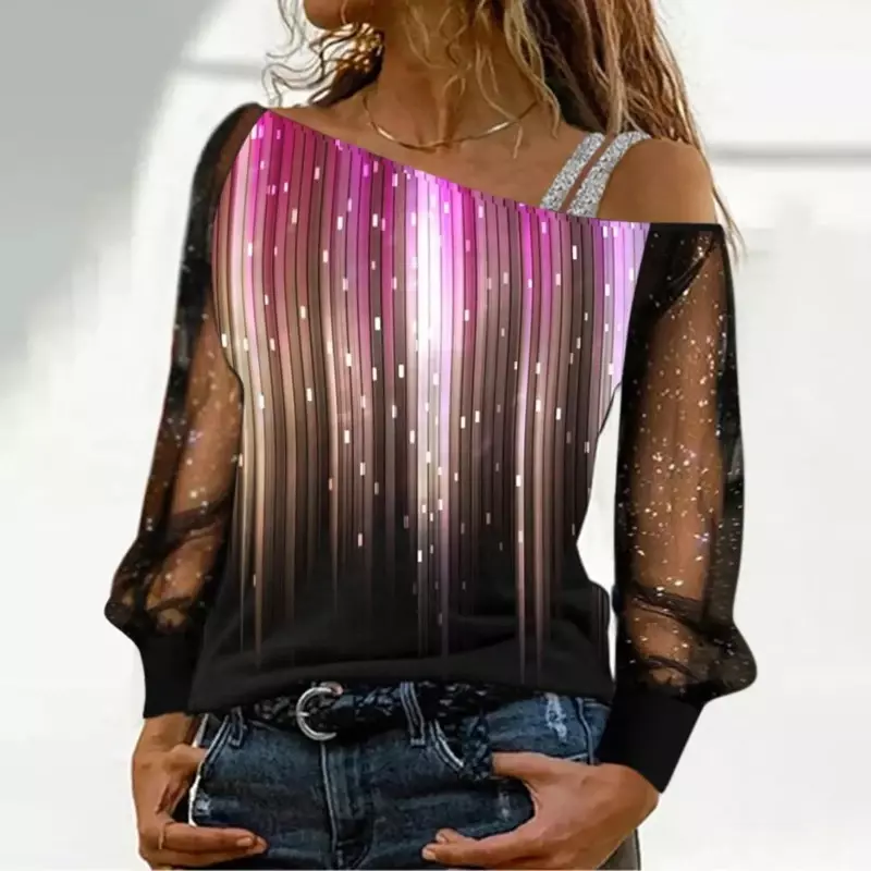 Seksowna damska koszulka błyszcząca jednolity kolor długie rękawy modna siatka splatające opadające ramiona wydrukowane bluzki damskich ubrania świąteczne