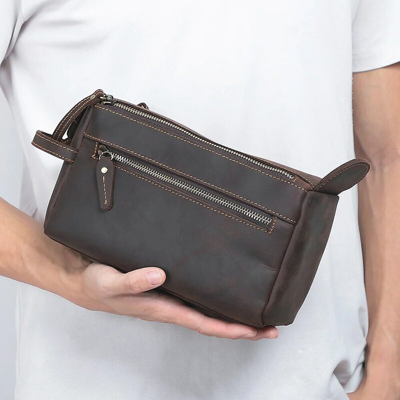 Genuine Leather Men's Clutch Bags for Men HandBag Make Up Toiletry Cowhide Business Large Capacity Cosmetic Wash Bag