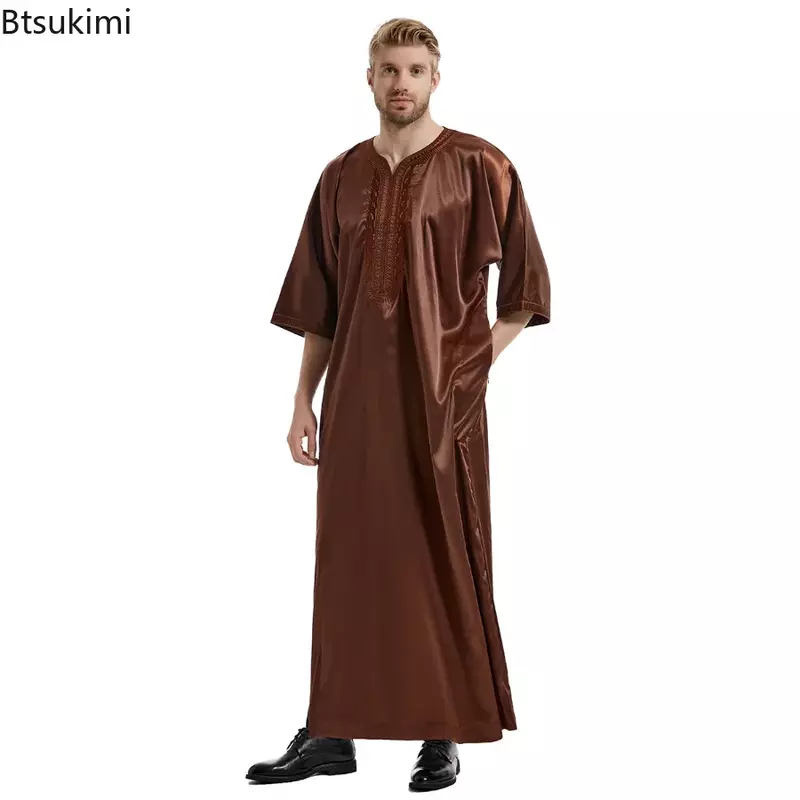 Eid Muslim Islamic Men Jubba Thobe Abaya Dress Satin Embroidery Kimono Long Robe Saudi Musulman Abaya Caftan Islam Dubai Arab