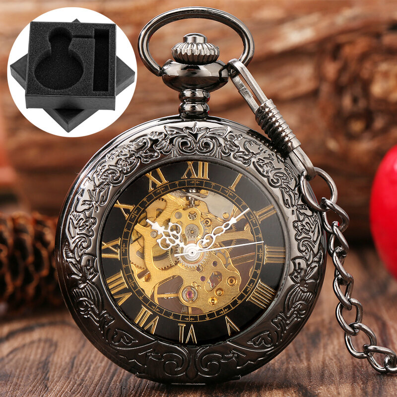 Relógio de bolso mecânico para homens, corda manual retro, numerais romanos, relógio de bolso manual, presente luxuoso do Xmas do vintage