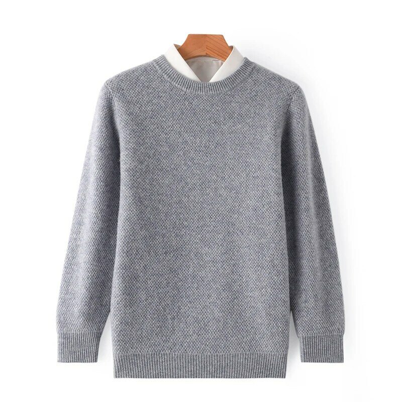 2023 Autumn/Winter New 100% Pure Wool Round Neck Fashion Honeycomb Solid Color Pullover Casual Fit Comfortable Soft Sweater Men