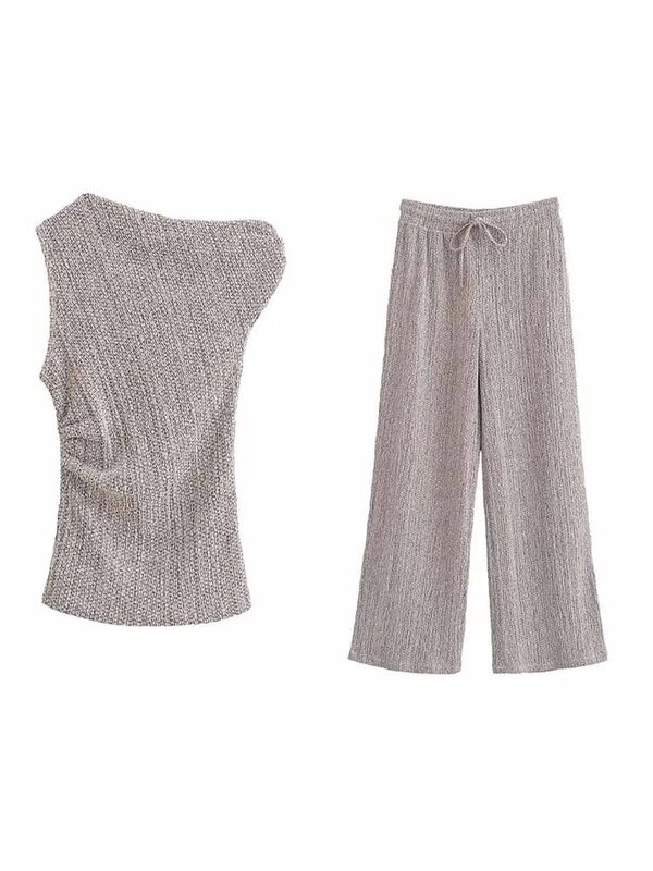 Top e calça assimétrica feminina, camisa sem mangas, textura slim fit, moda retrô, única, nova, 2024