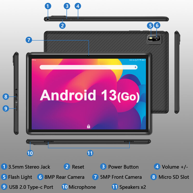 Hot Pepper-Dt10 Tablet com Wi-Fi, IPS HD de 10,1 polegadas, 2.5D, 4GB de RAM, 128GB ROM, Processador IMG8300, Bateria 5000mAh, Android 13, Tipo-C