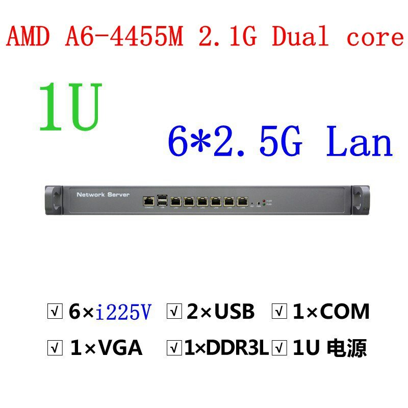 X86 1U 랙 마운트 방화벽 네트워크 서버 i5-3210M, 2.5GHz A6-4455M, 2.1Ghz, 6 * i225v, 2.5G 이더넷 랜, 리눅스 Pfsense MikrotikOS