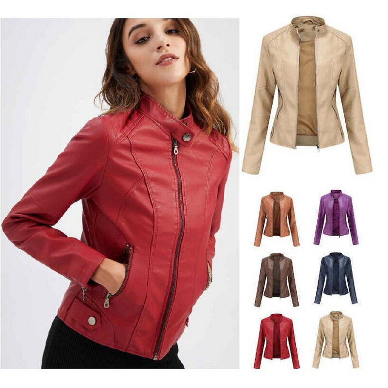 Women's Leather Jacket Women's Slim Jacket Thin Spring Autumn Multi Color Faux Leather Coat