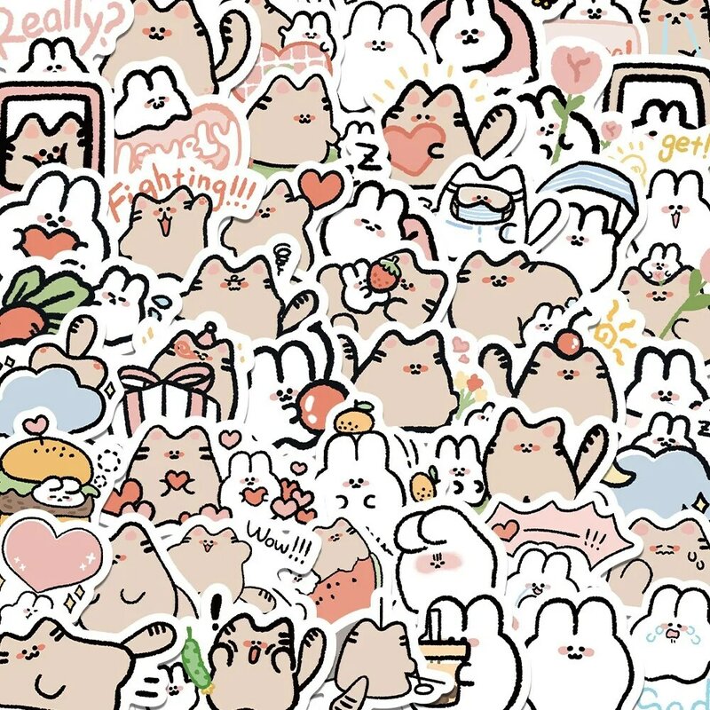60 buah kartun lucu kucing kelinci stiker Kawaii kucing Decals untuk botol air Laptop Skateboard Scrapbook bagasi mainan anak-anak
