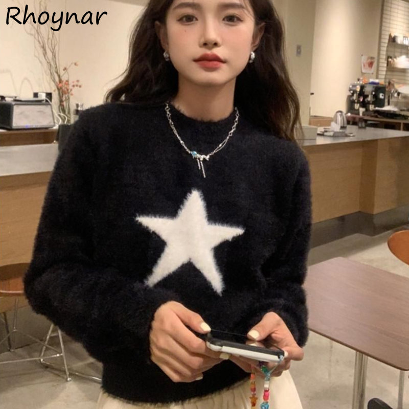 풀오버 여성 라운드넥 크롭 블랙 스웨터, 한국 패션 디자이너 소녀 청소년 스트리트웨어 개인 겨울 기본 니트