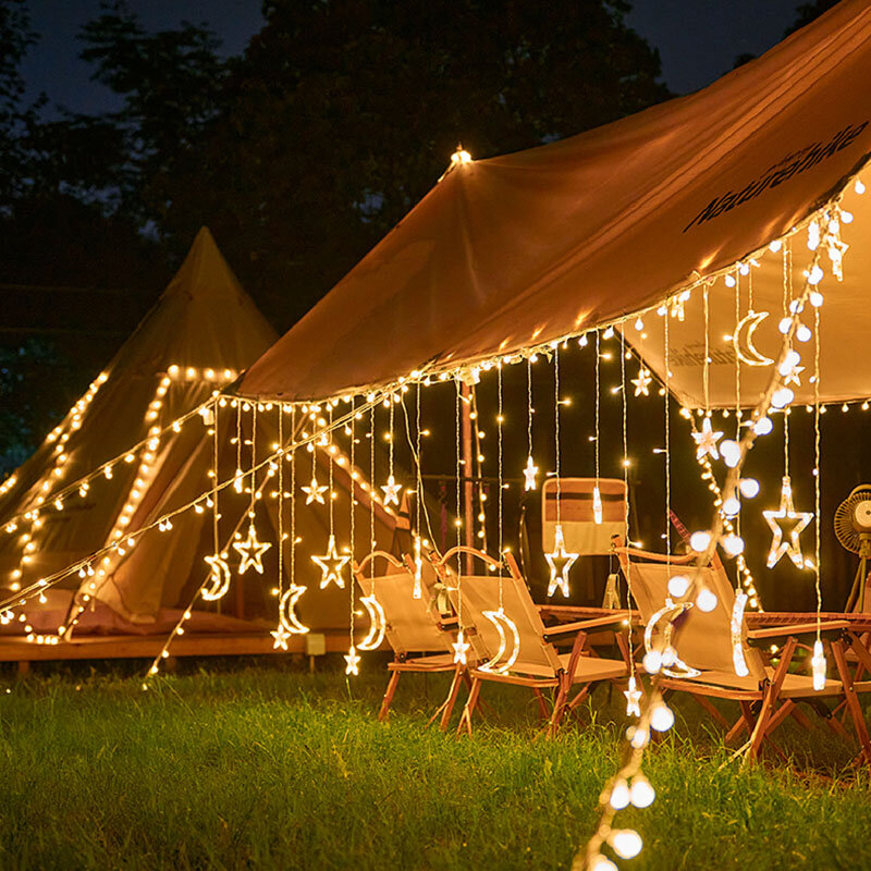 Luces de Navidad solares, lámpara de luna y estrella, cadena de luces LED, decoración para el hogar, boda al aire libre, cortina de luces Led, decoración de vacaciones