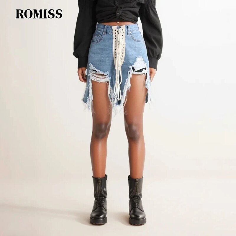 ROMISS Streetwear Patchwork Lace Up Denim Shorts For Women High Waist Spliced Pockets Casual Slimming Short Pants Female New