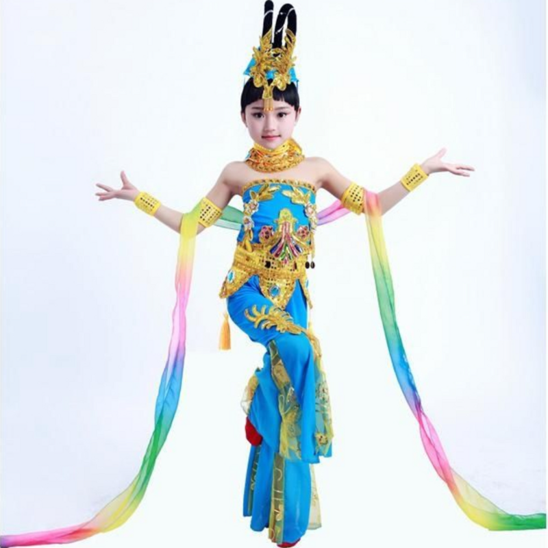 Dunhuang-Disfraz de danza folclórica china para adultos y niños, Hanfu azul, nuevo