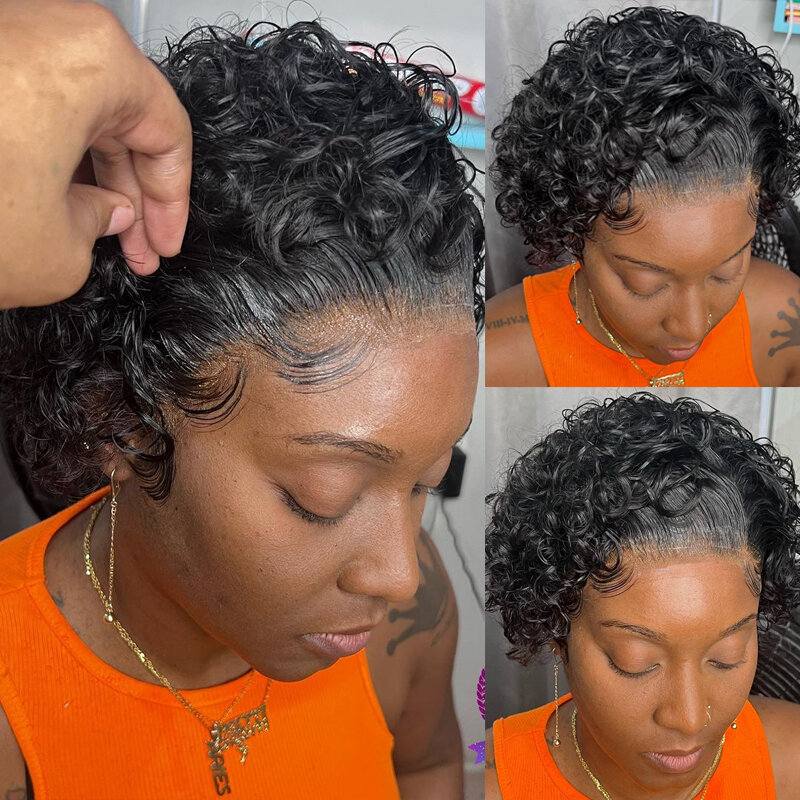 Short Bob Pixie Cut Wig Curly Human Hair Wigs Brazilian Human Hair Cheap 13X1 Transparent Lace Wig Water Deep Wave Human Hair