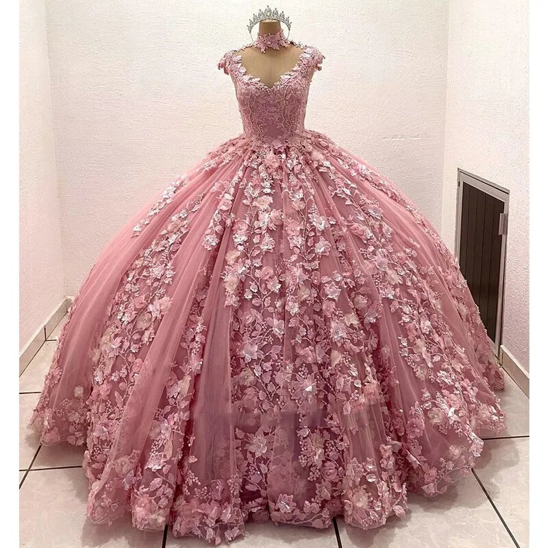 Robes de Quinceanera de princesse rose, belle appliques de fleurs 3D, robe de fête d'anniversaire, douce, 16 ans, éducative, 15 ans
