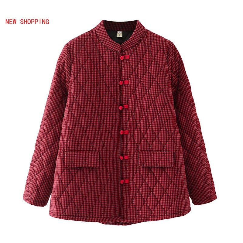여성용 캐주얼 따뜻한 두꺼운 코튼 코트, 빈티지 격자 무늬 루즈 긴 소매 짧은 재킷 파카, 플러스 사이즈 5XL, 가을, 겨울, 신상