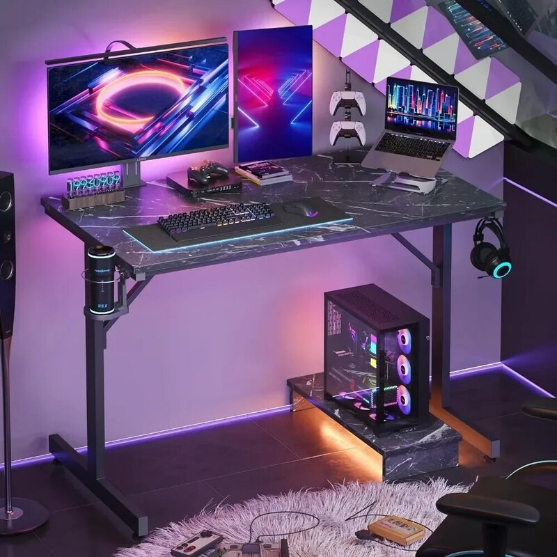 Meja gaming kecil dengan dudukan monitor, meja komputer LED 42 inci dengan dudukan cangkir dan kait headphone, Meja gaya minimalis modern